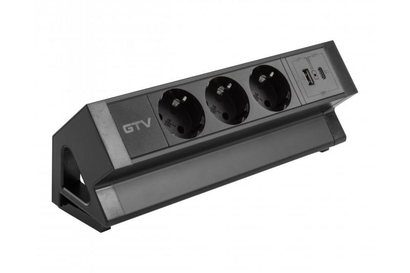 Enchufe de muebles BASCO, 3xSHUKO, USB A+C, cable 1.5 m, negro