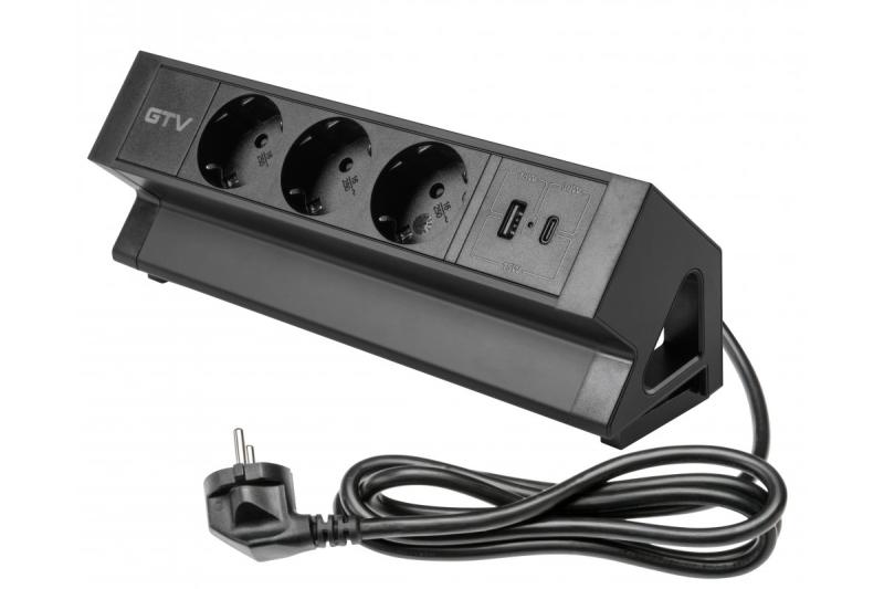 Enchufe de muebles BASCO, 3xSHUKO, USB A+C, cable 1.5 m, negro