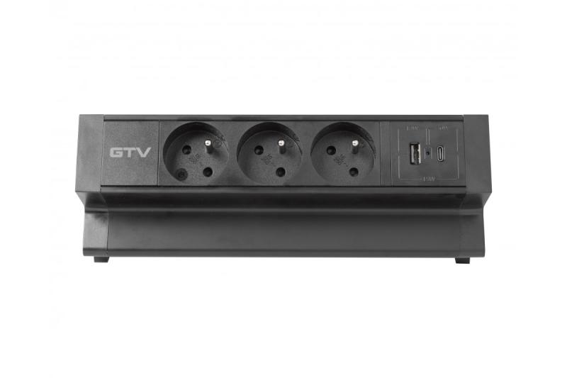 Enchufe de muebles Basco, 3 x enchufe con toma de tierra, USB A+C, cable de 1.5 m, negro con montaje