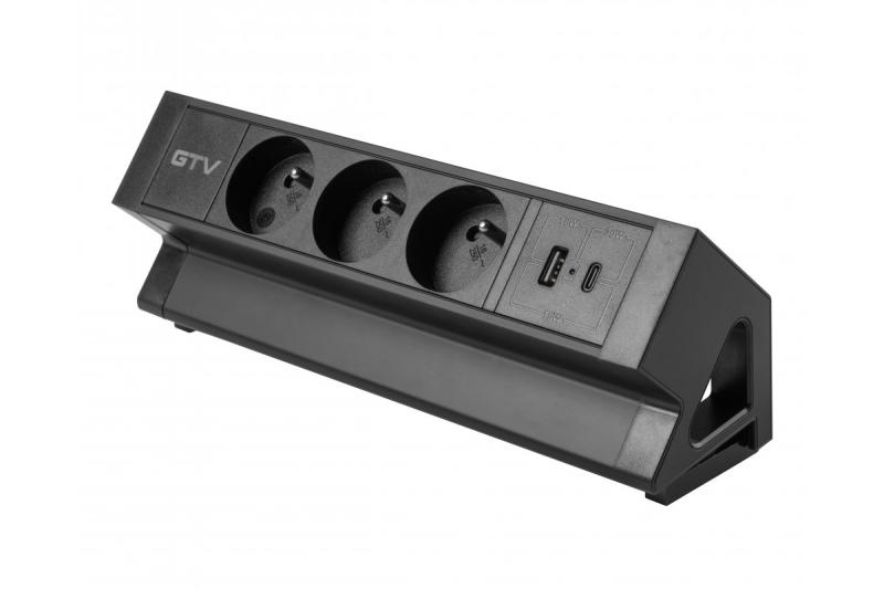 Enchufe de muebles Basco, 3 x enchufe con toma de tierra, USB A+C, cable de 1.5 m, negro con montaje