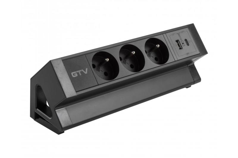 Enchufe de muebles Basco, 3 x enchufe con toma de tierra, USB A+C, cable de 1.5 m, negro con montaje