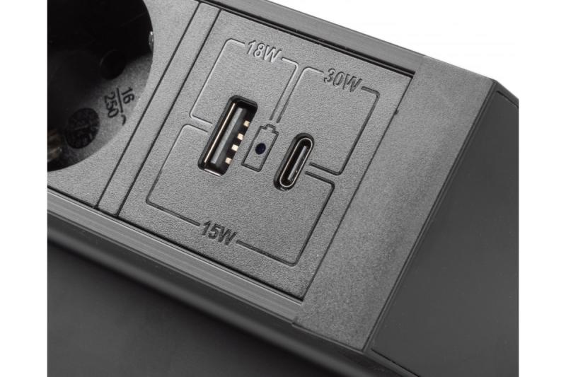 Enchufe de muebles Basco, 3 x enchufe con toma de tierra, USB A+C, cable de 1.5 m, negro con montaje