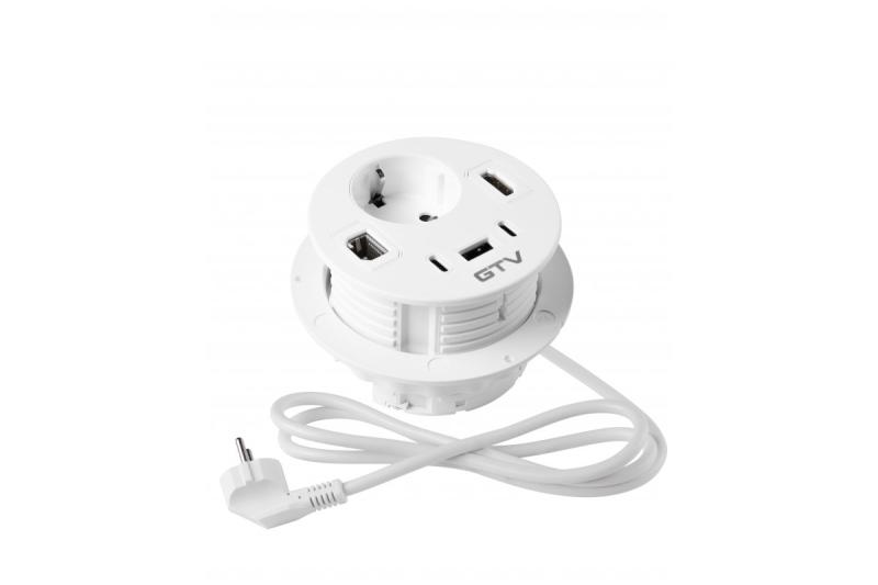 Toma de corriente para muebles RONDO, 1xSCHUKO, 1xUSB-A, 2xUSB-C, HDMI, cable RJ45 1.5 m, blanco