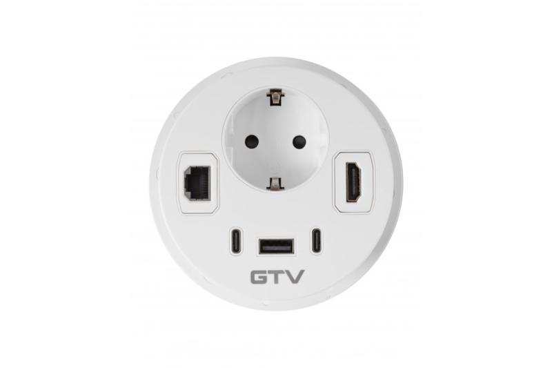 Toma de corriente para muebles RONDO, 1xSCHUKO, 1xUSB-A, 2xUSB-C, HDMI, cable RJ45 1.5 m, blanco