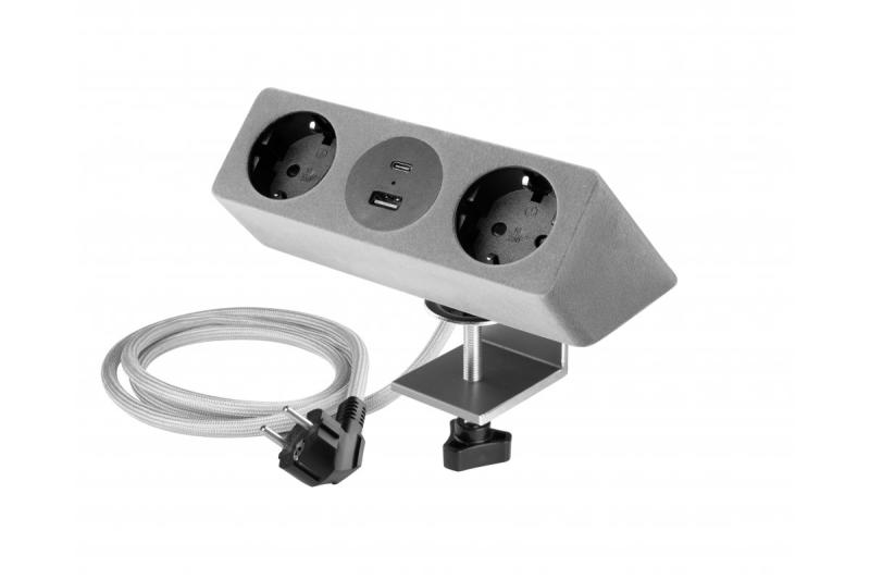 Enchufe para muebles SOFITO, 2xSCHUKO, USB A+C, cable de 1.5 m, flocado gris