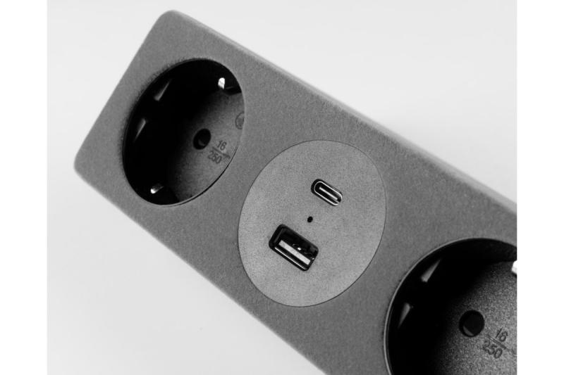 Enchufe para muebles SOFITO, 2xSCHUKO, USB A+C, cable de 1.5 m, flocado gris