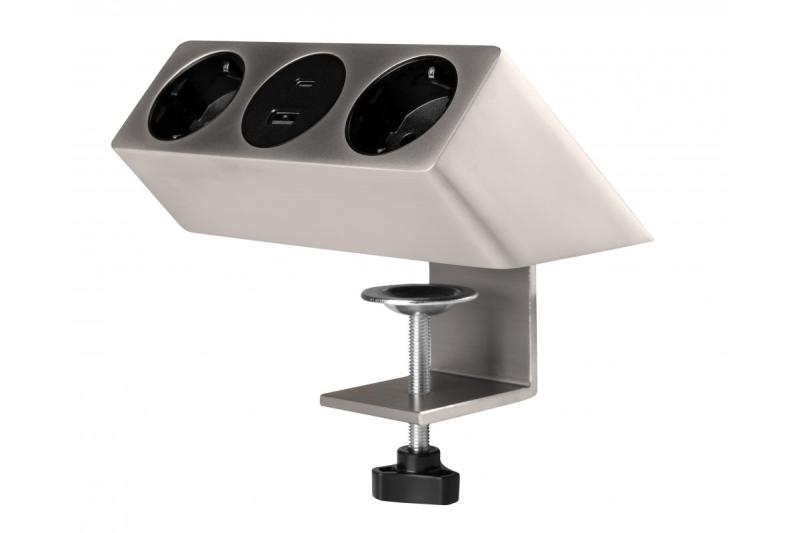 Enchufe para muebles SOFITO, 2xSCHUKO, USB A+C, cable 1.5 m, acero inoxidable