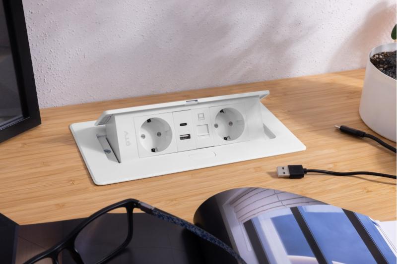 Enchufe para muebles MULTISOFT, 2xSCHUKO, USB A+C, RJ45, cable 1.5 m, blanco