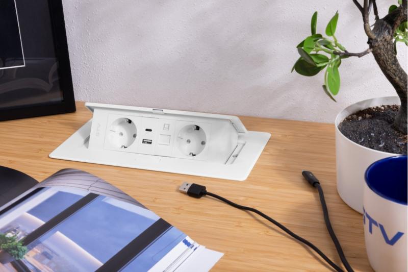 Enchufe para muebles MULTISOFT, 2xSCHUKO, USB A+C, RJ45, cable 1.5 m, blanco