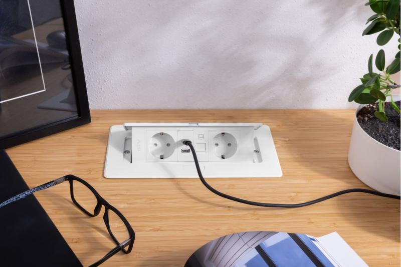 Enchufe para muebles MULTISOFT, 2xSCHUKO, USB A+C, RJ45, cable 1.5 m, blanco