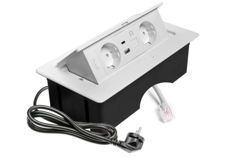 Enchufe para muebles MULTISOFT, 2xSCHUKO, USB A+C, RJ45, cable 1.5 m, blanco