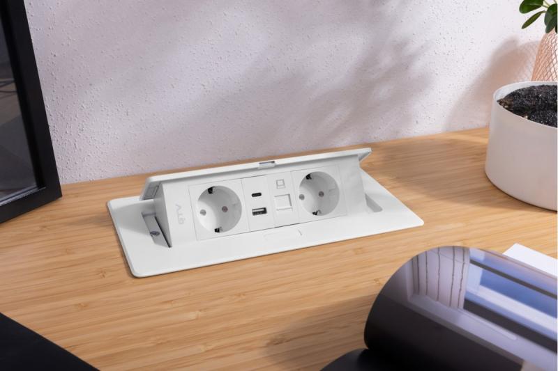 Enchufe para muebles MULTISOFT, 2xSCHUKO, USB A+C, RJ45, cable 1.5 m, blanco