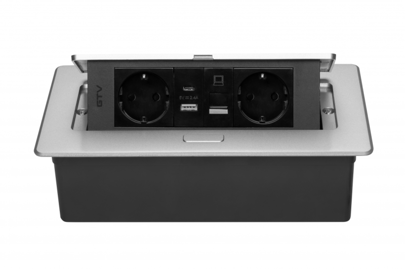 Enchufe de muebles MULTISOFT, 2xSHUKO, USB A+C, RJ45, cable 1.5 m, aluminio