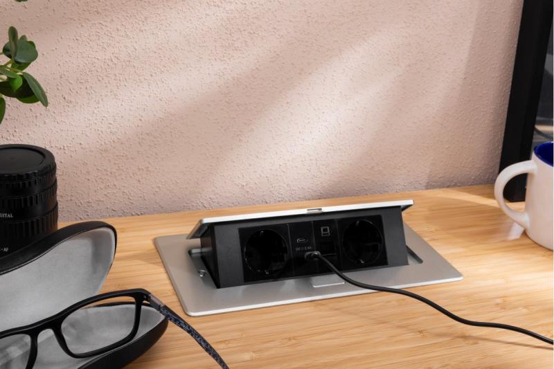 Enchufe de muebles MULTISOFT, 2xSHUKO, USB A+C, RJ45, cable 1.5 m, aluminio