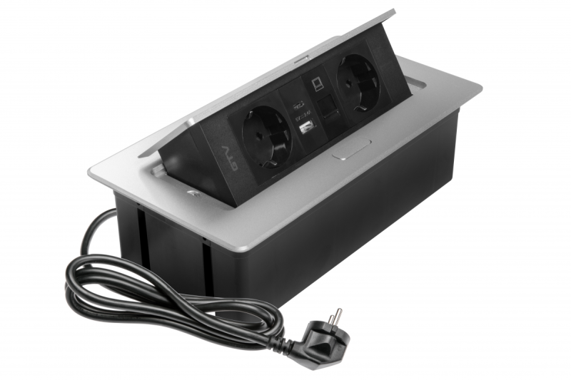 Enchufe de muebles MULTISOFT, 2xSHUKO, USB A+C, RJ45, cable 1.5 m, aluminio