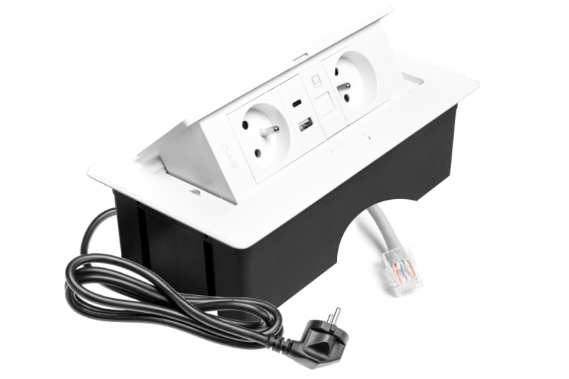 MULTISOFT Toma de corriente para muebles 2x Enchufe con toma de tierra, USB A+C, RJ45, Cable de alimentación con enchufe, Blanco