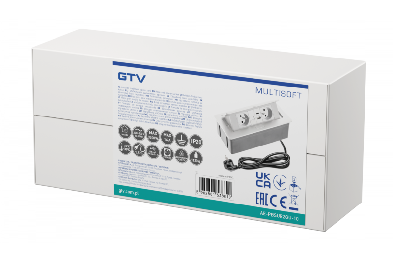 MULTISOFT Toma de corriente para muebles 2x Enchufe con toma de tierra, USB A+C, RJ45, Cable de alimentación con enchufe, Blanco