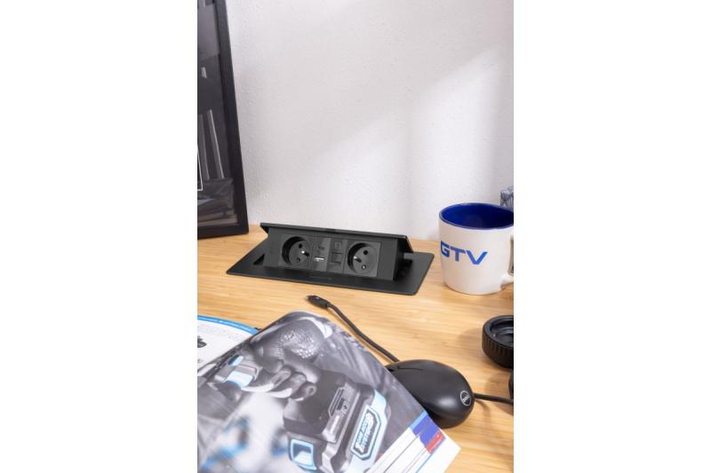 MULTISOFT Toma de Corriente para Muebles 2x Enchufe con Toma de Tierra, USB A+C, RJ45, Cable de Alimentación con Enchufe, Negro