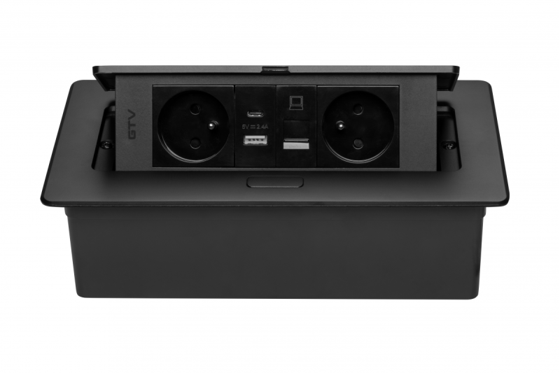 MULTISOFT Toma de Corriente para Muebles 2x Enchufe con Toma de Tierra, USB A+C, RJ45, Cable de Alimentación con Enchufe, Negro