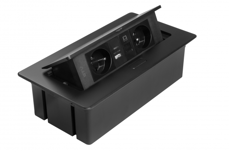 MULTISOFT Toma de Corriente para Muebles 2x Enchufe con Toma de Tierra, USB A+C, RJ45, Cable de Alimentación con Enchufe, Negro