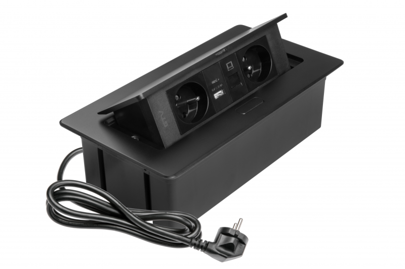 MULTISOFT Toma de Corriente para Muebles 2x Enchufe con Toma de Tierra, USB A+C, RJ45, Cable de Alimentación con Enchufe, Negro