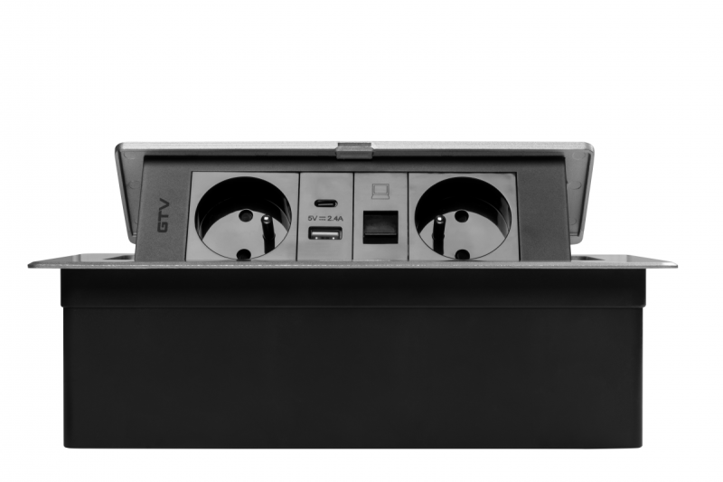 MULTISOFT Toma de Corriente para Muebles 2x Toma con Tierra, USB A+C, RJ45, Cable de Alimentación con Enchufe, Aluminio