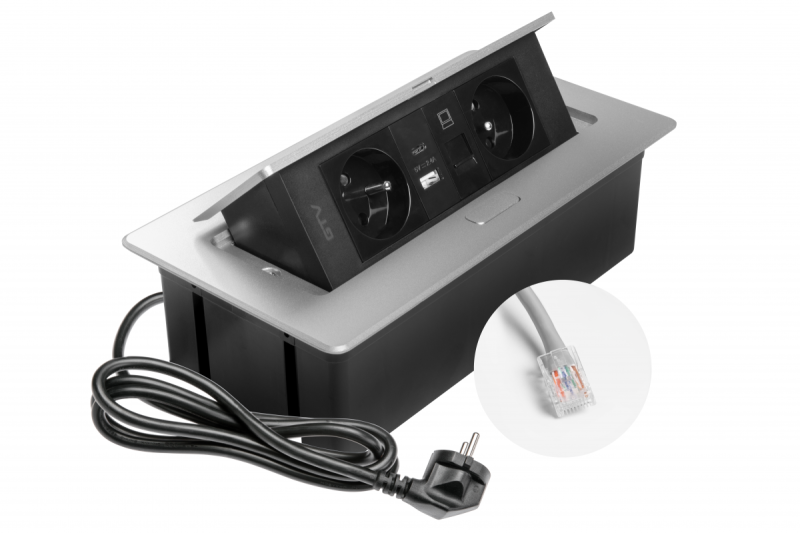 MULTISOFT Toma de Corriente para Muebles 2x Toma con Tierra, USB A+C, RJ45, Cable de Alimentación con Enchufe, Aluminio