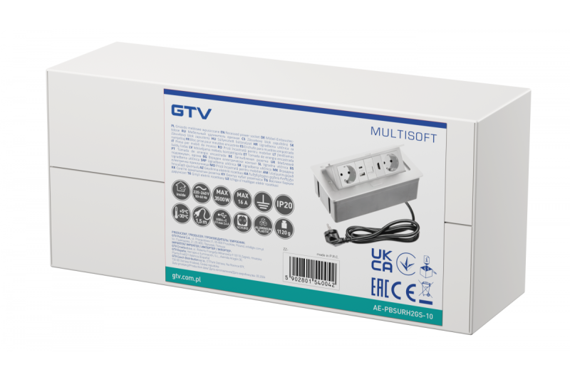 Enchufe de muebles MULTISOFT, 2xSHUKO, USB A+C, RJ45, HDMI, cable 1,5 m, blanco