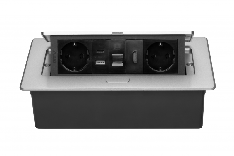 Enchufe para muebles MULTISOFT, 2xSCHUKO, USB A+C, RJ45, cable HDMI 1.5 m, aluminio