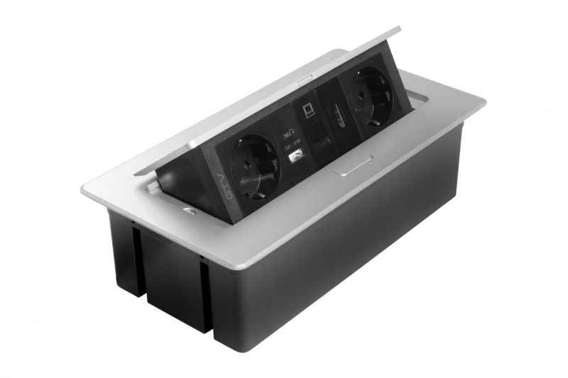 Enchufe para muebles MULTISOFT, 2xSCHUKO, USB A+C, RJ45, cable HDMI 1.5 m, aluminio