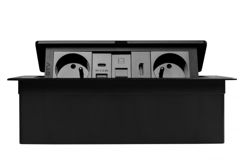 MULTISOFT enchufe para muebles 2x Toma con toma de tierra, USB A+C, RJ45, HDMI, cable de alimentación con enchufe, negro