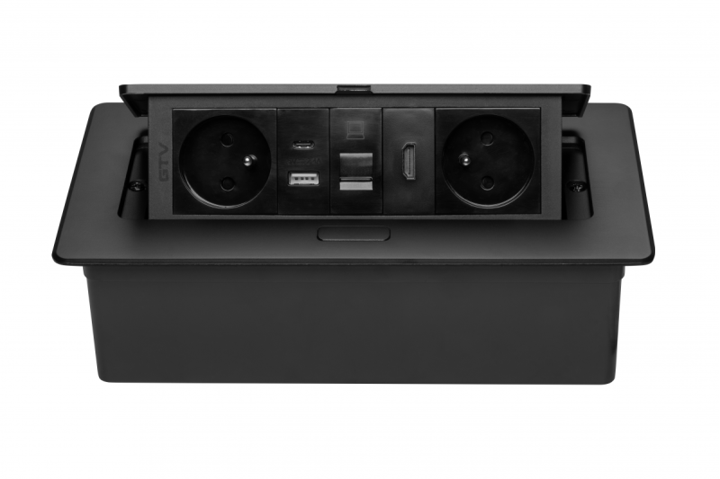 MULTISOFT enchufe para muebles 2x Toma con toma de tierra, USB A+C, RJ45, HDMI, cable de alimentación con enchufe, negro