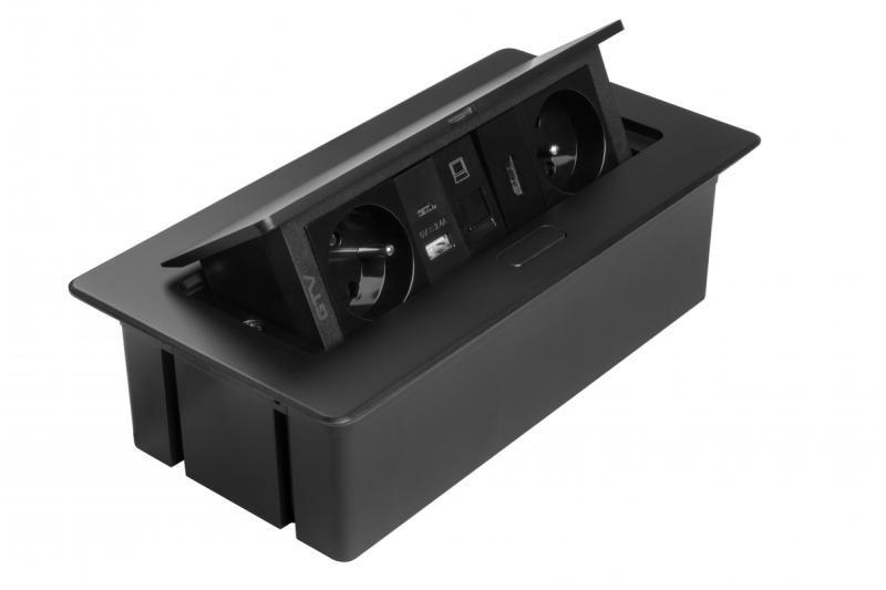 MULTISOFT enchufe para muebles 2x Toma con toma de tierra, USB A+C, RJ45, HDMI, cable de alimentación con enchufe, negro