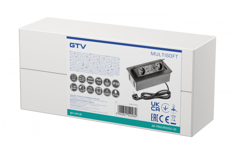 MULTISOFT enchufe para muebles 2x Toma con toma de tierra, USB A+C, RJ45, HDMI, cable de alimentación con enchufe, negro