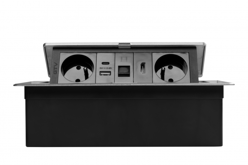 Toma de corriente para muebles MULTISOFT 2x Toma con toma de tierra, USB A+C, RJ45, HDMI, Cable de alimentación con enchufe, Aluminio