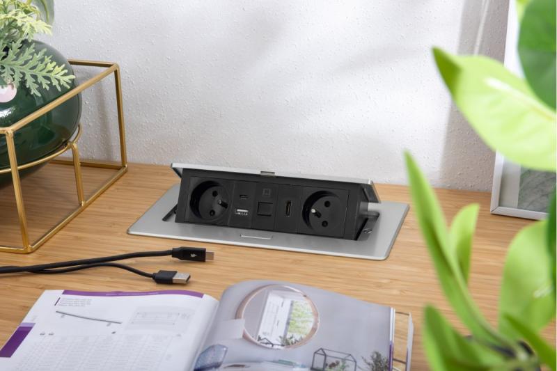 Toma de corriente para muebles MULTISOFT 2x Toma con toma de tierra, USB A+C, RJ45, HDMI, Cable de alimentación con enchufe, Aluminio