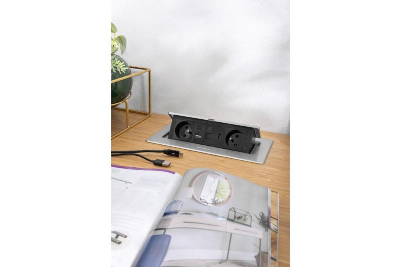 Toma de corriente para muebles MULTISOFT 2x Toma con toma de tierra, USB A+C, RJ45, HDMI, Cable de alimentación con enchufe, Aluminio