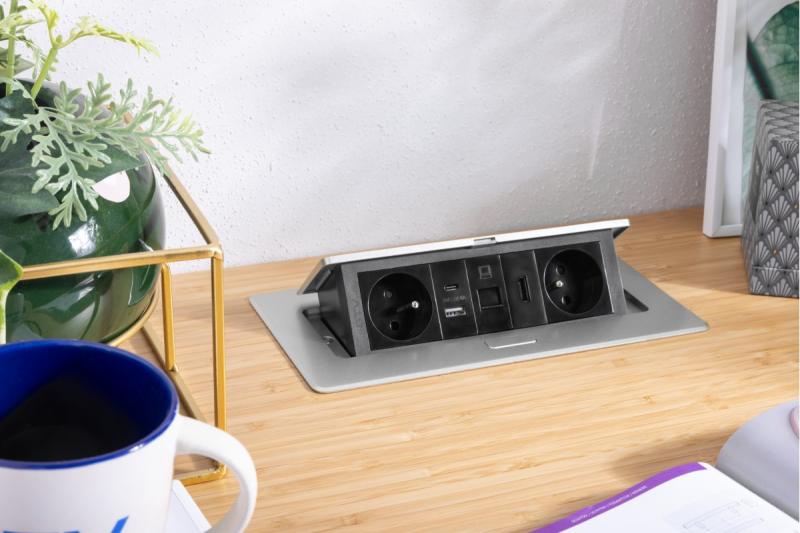 Toma de corriente para muebles MULTISOFT 2x Toma con toma de tierra, USB A+C, RJ45, HDMI, Cable de alimentación con enchufe, Aluminio