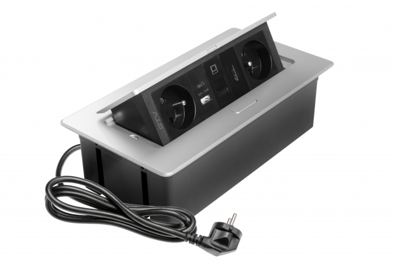 Toma de corriente para muebles MULTISOFT 2x Toma con toma de tierra, USB A+C, RJ45, HDMI, Cable de alimentación con enchufe, Aluminio