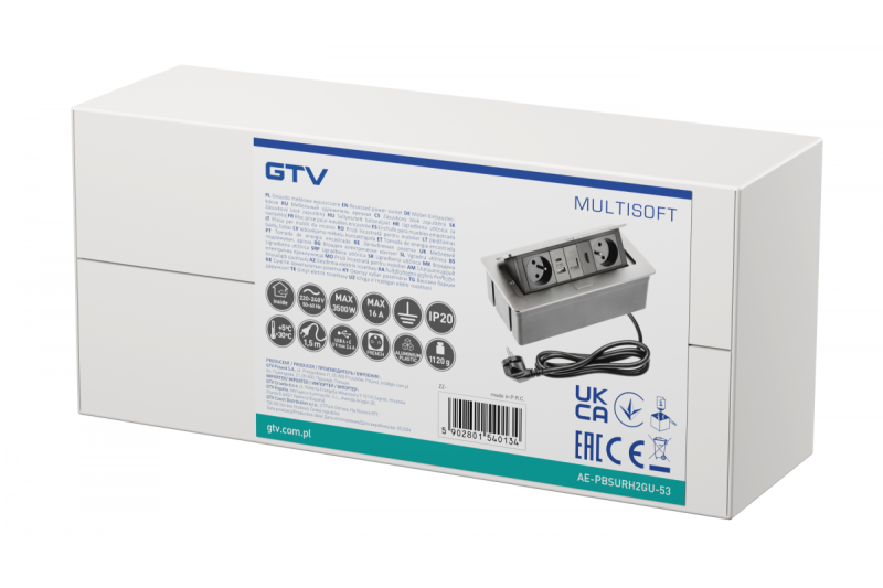 Toma de corriente para muebles MULTISOFT 2x Toma con toma de tierra, USB A+C, RJ45, HDMI, Cable de alimentación con enchufe, Aluminio