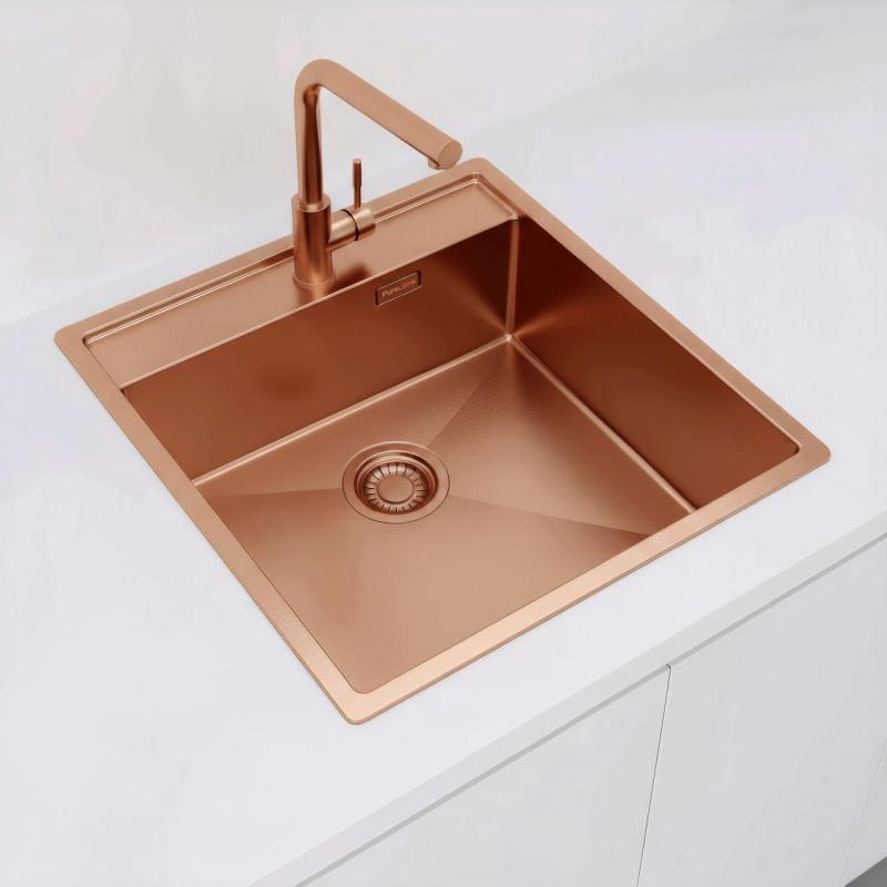 Pure.Sink Luxion Fregadero de cobre 51 x 50 cm Grifo con banco para grifo PLX5150T-62