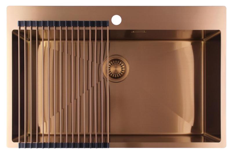 Pure.Sink Luxion Fregadero grande de cobre 78 x 50 cm Tapwing con banco para grifo PLX7850T-62