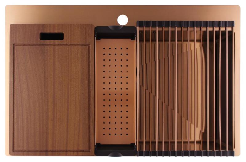 Pure.Sink Luxion Fregadero grande de cobre 78 x 50 cm Tapwing con banco para grifo PLX7850T-62