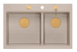 Quadri Hard Rock Doble Lavabo de Granito Beige de Superficie 76x50 cm con Tapón de Cobre y Accesorios 1208971726