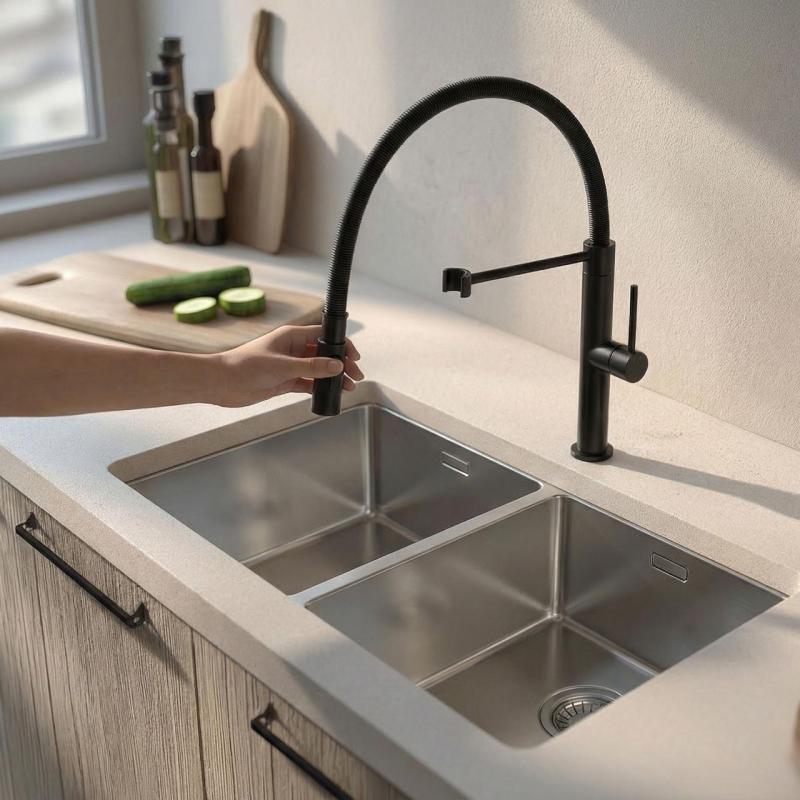 Pure.Sink Luxion Grifo de cocina profesional negro mate con caño flexible y 2 tipos de chorro PLXFLEX-10