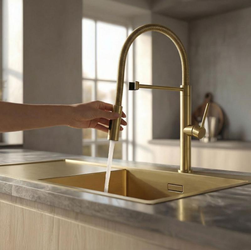 Pure.Sink Luxion Grifo de cocina dorado profesional con caño flexible y 2 tipos de chorro PLXFLEX-60