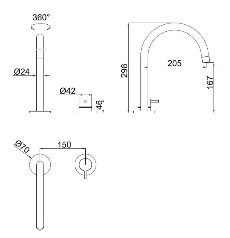 Pure.Sink Luxion Grifo de cocina de 2 orificios en negro mate con caño redondo PLX2HR-10