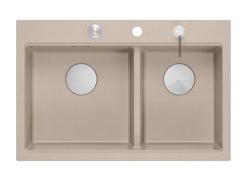 Fregadero de encimera de granito beige doble Quadri Hard Rock 76x50 cm con tapón de acero inoxidable y accesorios 1208971749