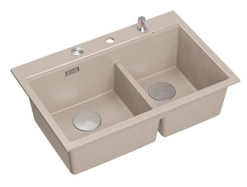 Fregadero de encimera de granito beige doble Quadri Hard Rock 76x50 cm con tapón de acero inoxidable y accesorios 1208971749