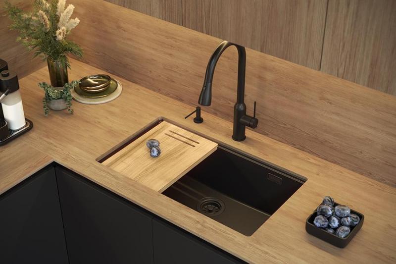 Quadri Newport II fregadero grande y profundo de granito de montaje superior e inferior en color beige 76x45cm con tapón de cobre 1208971758